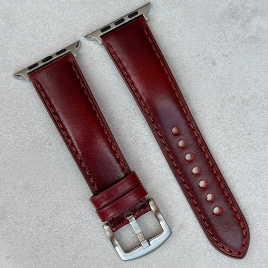 Athens wine red full grain leather Apple Watch strap. Padded. Apple Watch Series 3, 4, 5, 6, 7, 8, 9, SE, Ultra and Ultra 2.