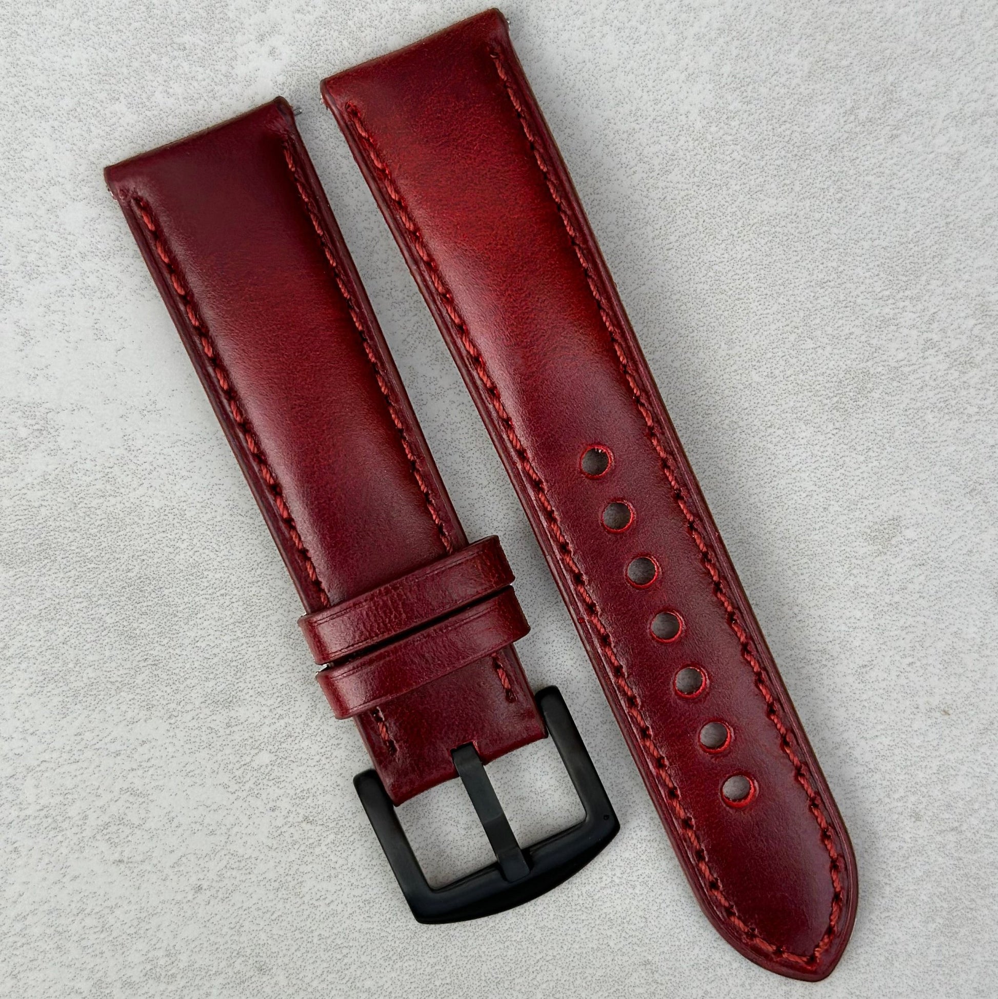 Athens red full grain leather watch strap. PVD black stainless steel buckle. 18mm, 20mm, 22mm, 24mm. Watch And Strap.
