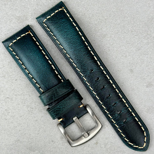 Berlin blue full grain leather watch strap. Navy blue leather with electric blue underneath. Contrast ivory stitching.