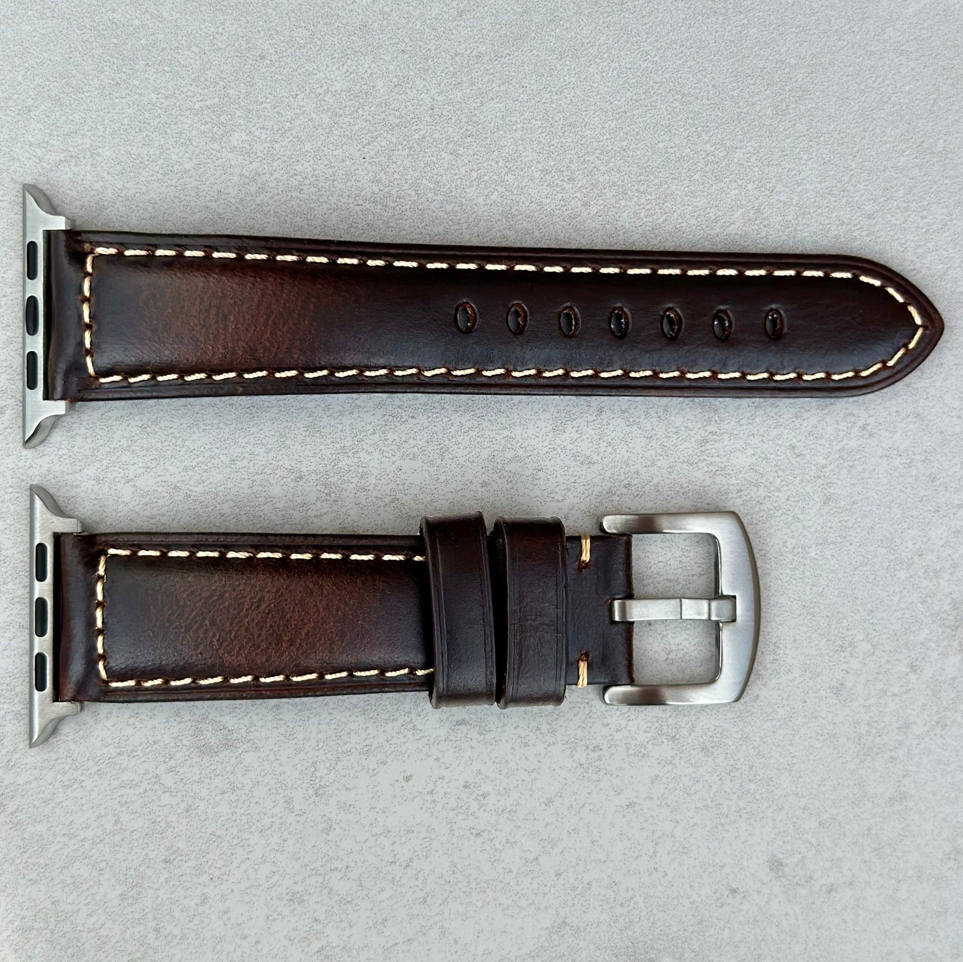 Berlin brown full grain leather Apple Watch strap. Brushed 316L stainless steel, contrast stitching. Watch And Strap.