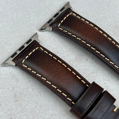 Top of the Berlin brown full grain leather watch strap. Contrast ivory stitching. 316L stainless steel hardware.