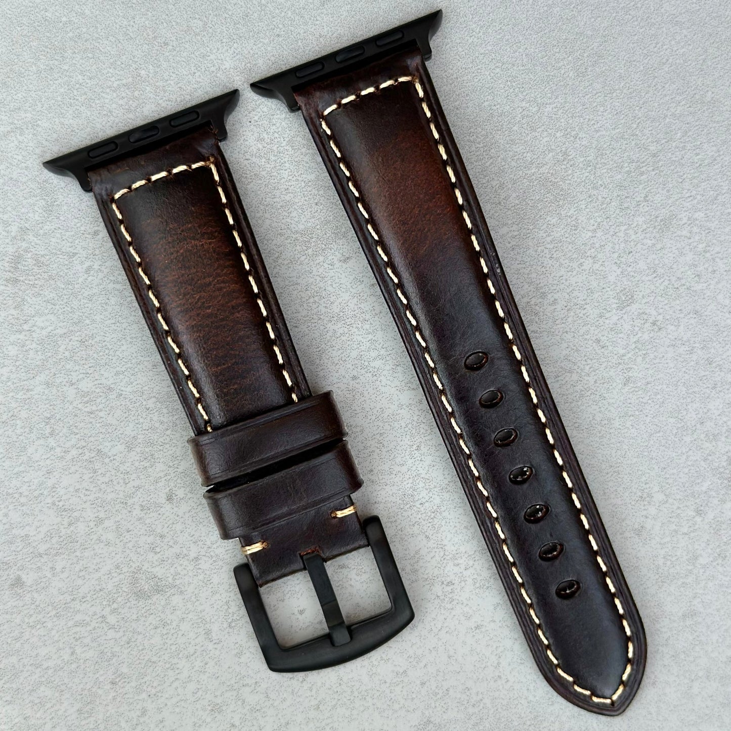 Berlin brown full grain leather Apple Watch Strap. PVD black stainless steel buckle. Series 3, 4, 5, 6, 7, 8, 9, SE and Ultra