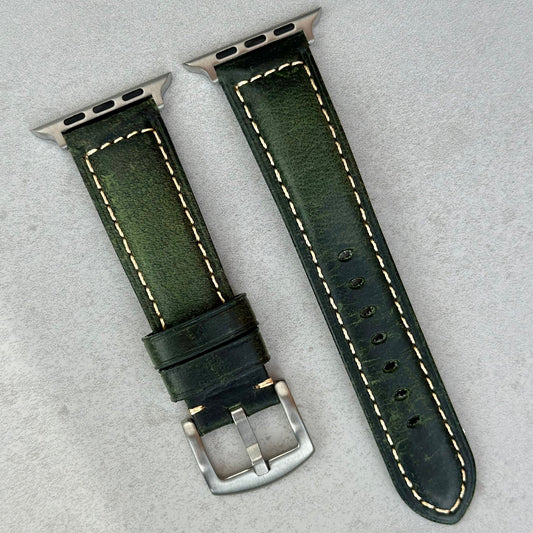 Green full grain leather Apple Watch Strap. Contrast ivory stitching. Apple Watch Series 3, 4, 5, 6, 7, 8, 9, SE, Ultra.
