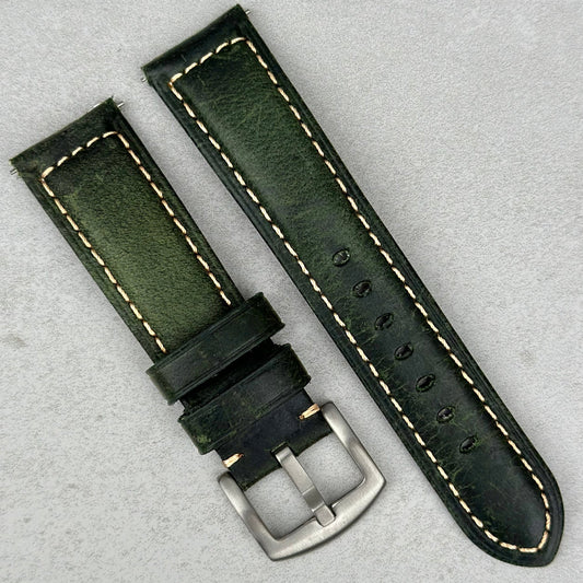 Berlin green full grain leather watch strap. Contrast ivory stitching. 18mm, 19mm, 20mm, 21mm, 22mm, 24mm. Watch And Strap