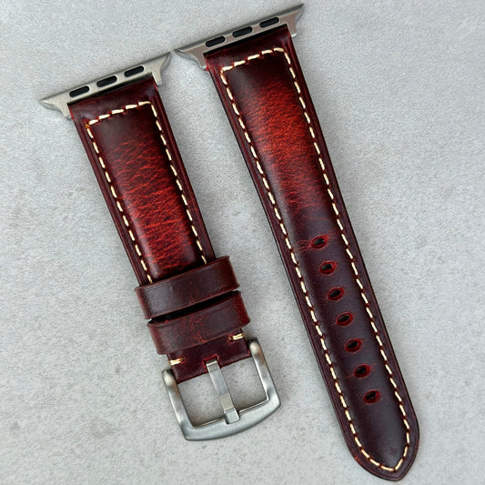 Berlin burgundy full grain leather Apple Watch strap. Apple Watch Series 3, 4, 5, 6, 7, 8, 9, SE and Ultra. Watch And Strap
