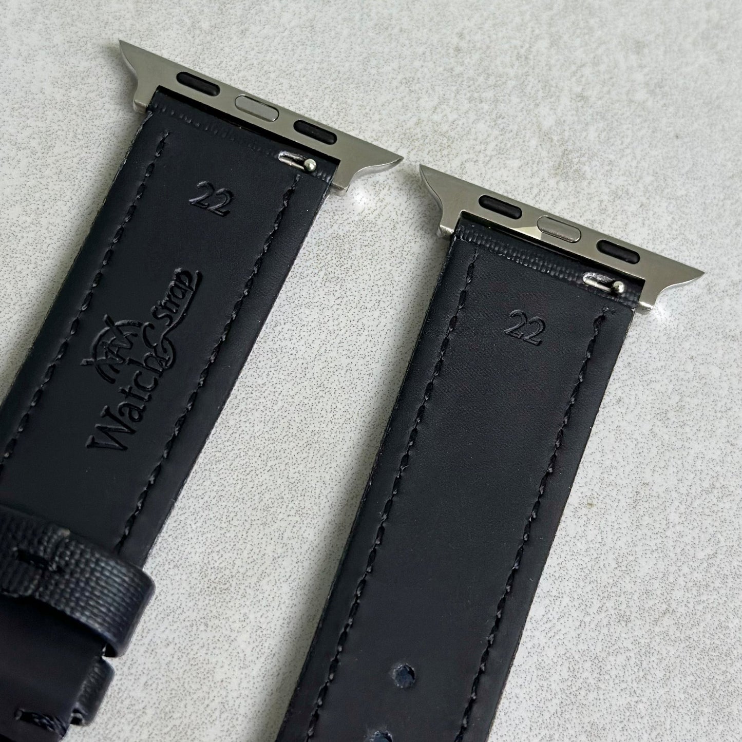 Rear of the Bermuda jet black sail cloth Apple Watch strap. Black leather underside. Watch And Strap.