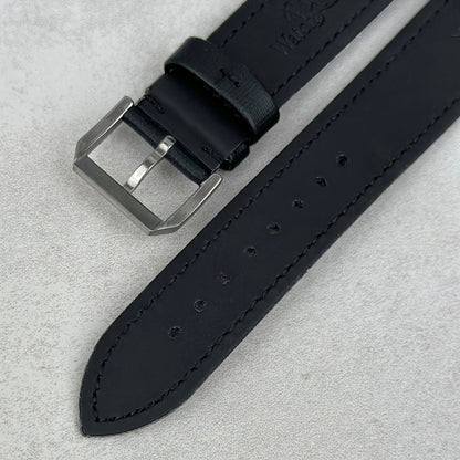 Underside of the brushed 316L stainless steel buckle on the Bermuda black sail cloth watch strap. Watch And Strap