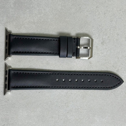 Bermuda jet black sail cloth Apple Watch strap. Apple Watch series 3, 4, 5, 6, 7, 8, 9, SE and Ultra. Watch And Strap.