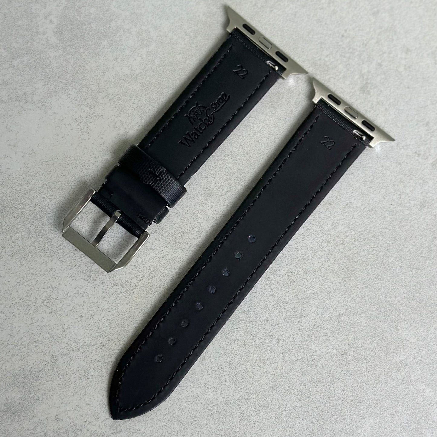 Rear of the Bermuda jet black sail cloth Apple Watch strap. Black leather underside. Watch And Strap.