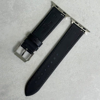 Rear of the Bermuda jet black sail cloth Apple Watch strap. Black leather underside. Watch And Strap.