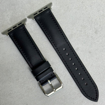 Bermuda jet black sail cloth Apple Watch strap. Apple Watch series 3, 4, 5, 6, 7, 8, 9, SE and Ultra. Watch And Strap.