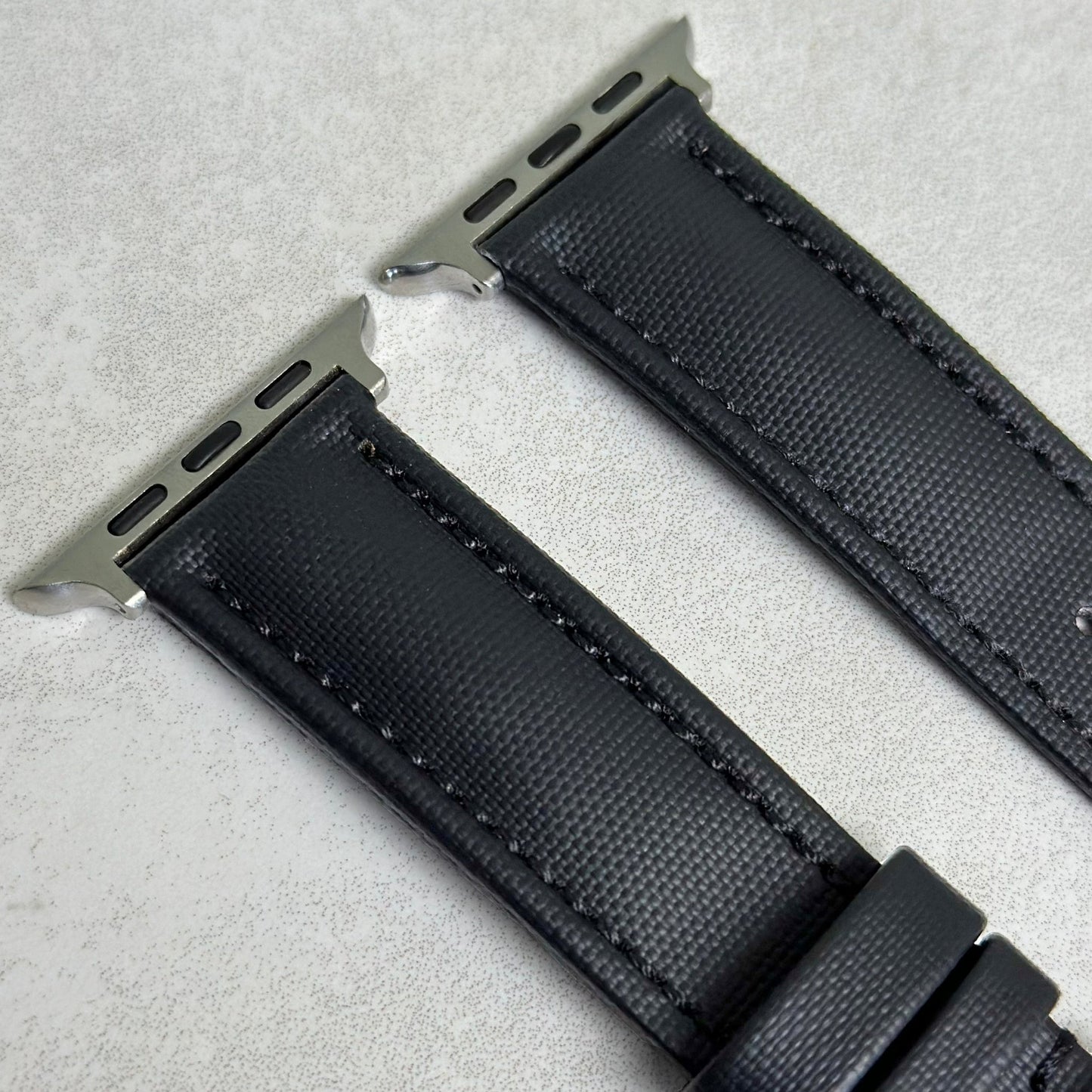 Top of the Bermuda jet black sail cloth Apple Watch strap. Oxford weave sail cloth. Watch And Strap.