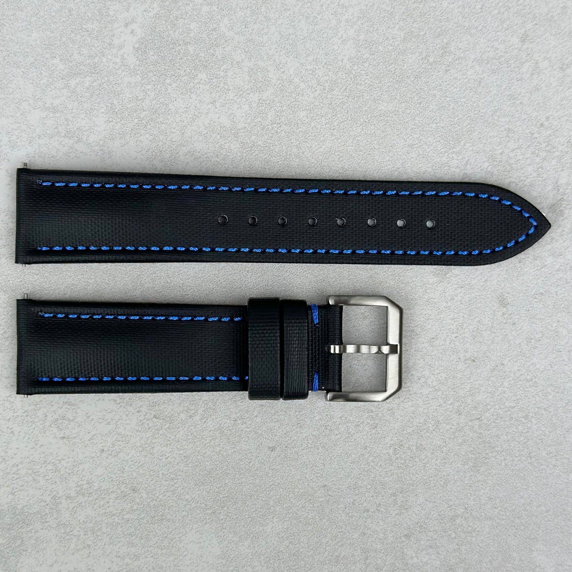 Bermuda jet black sail cloth watch strap with contrast blue stitching. 20mm, 22mm. Watch And Strap.