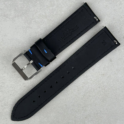 The Bermuda: Jet Black Sail Cloth Watch Strap With Contrast Blue Stitching