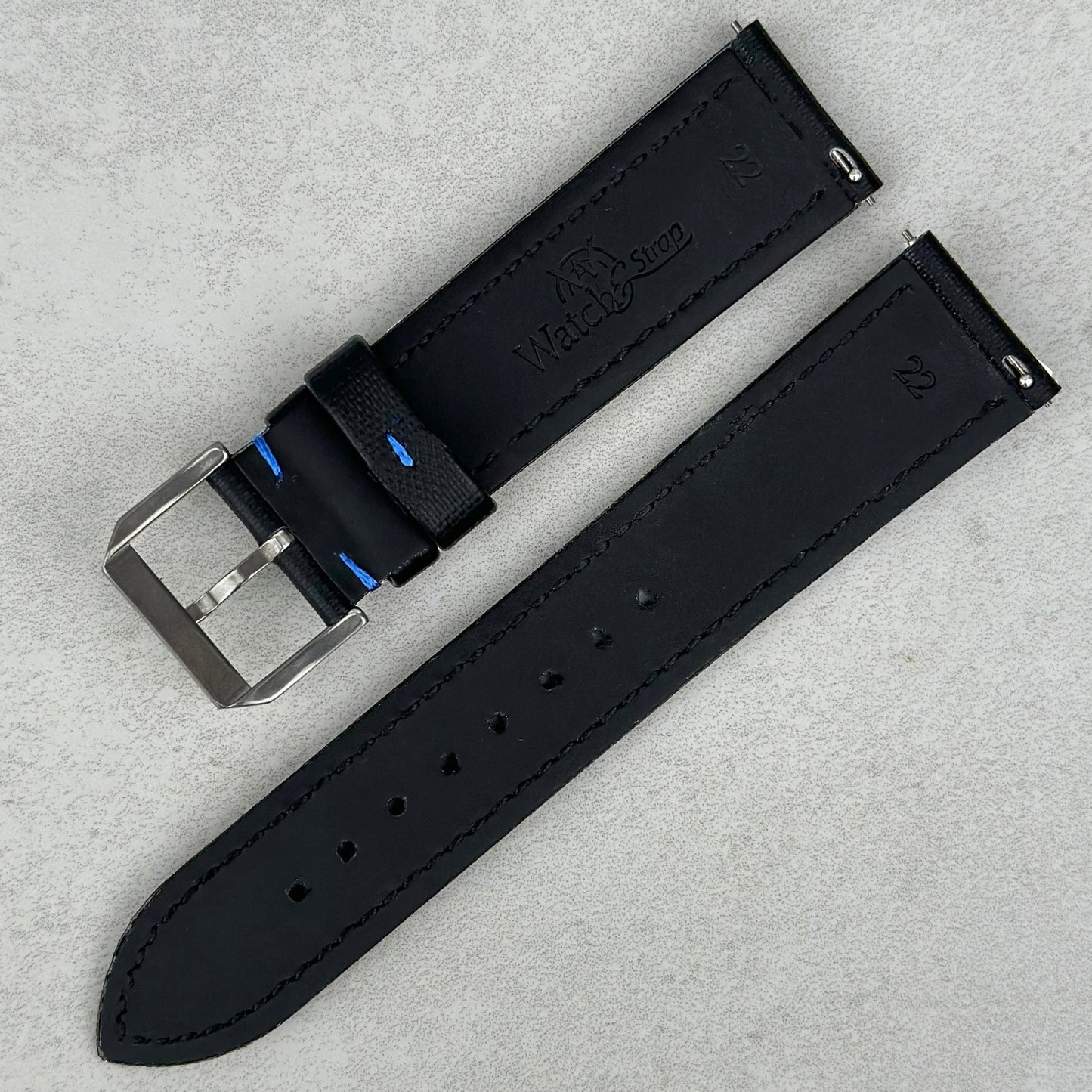 Rear of the Bermuda jet black sail cloth watch strap. Black leather. Quick release pins. Watch And Strap