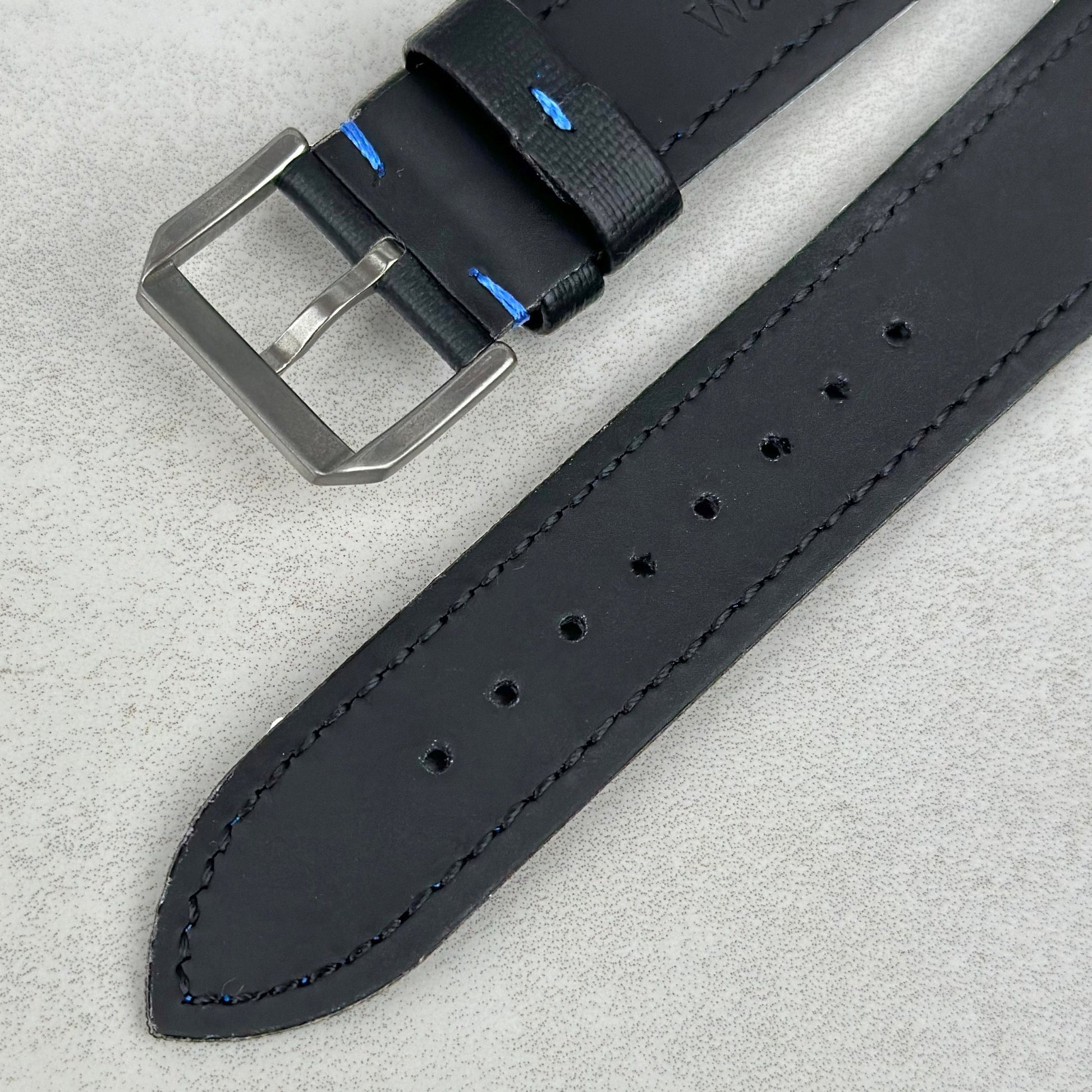 Underside of the brushed 316L stainless steel buckle on the Bermuda jet black sail cloth watch strap. Watch And Strap