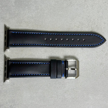 Bermuda jet black sail cloth Apple Watch strap with blue stitching. Series 3, 4, 5, 6, 7, 8, 9, SE, Ultra. Watch And Strap