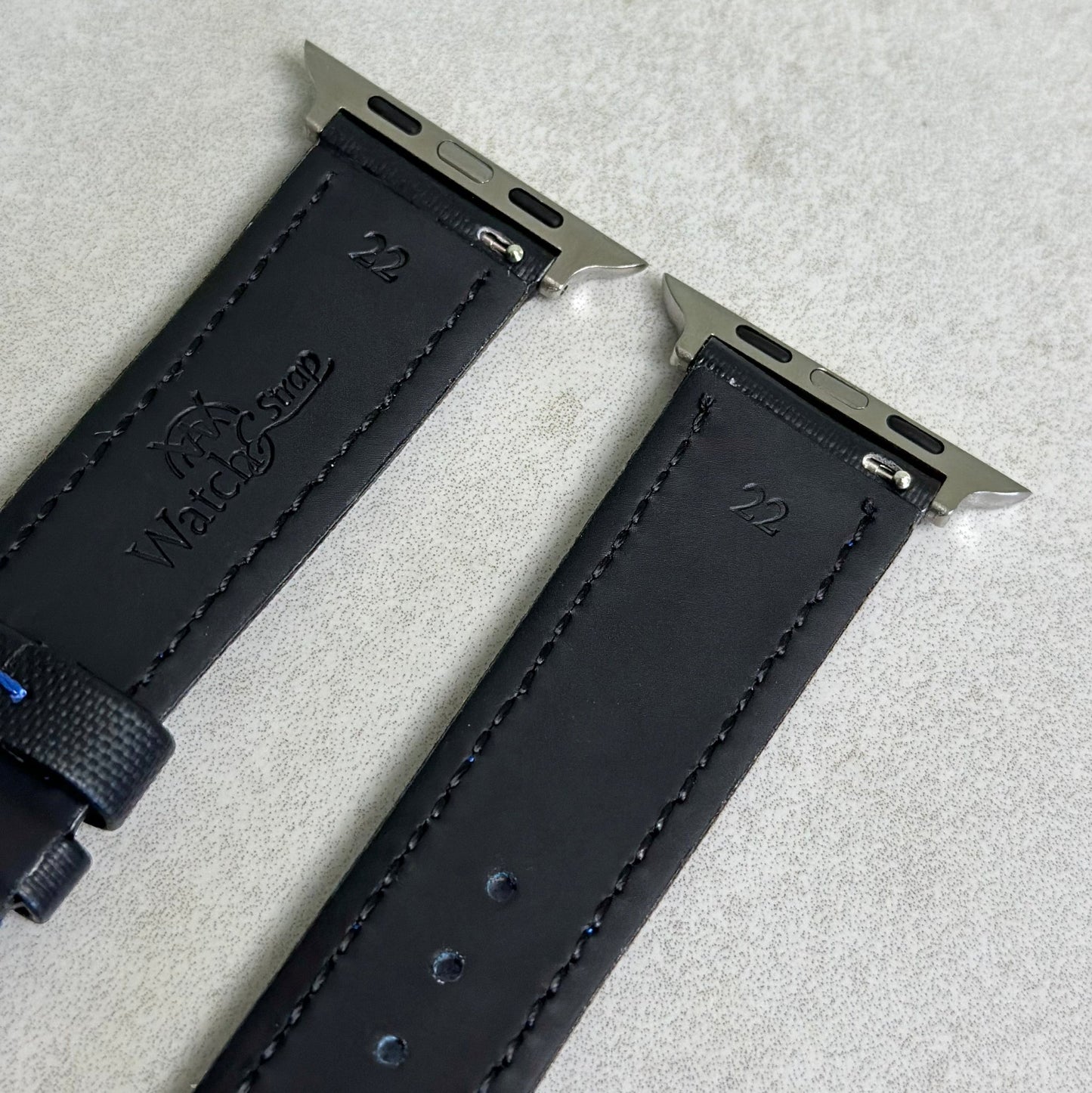 The Bermuda: Jet Black Sail Cloth Apple Watch Strap With Contrast Blue Stitching