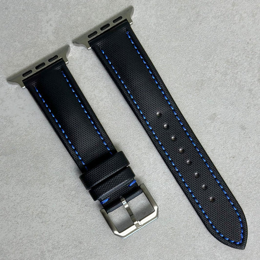 Bermuda jet black sail cloth Apple Watch strap with blue stitching. Series 3, 4, 5, 6, 7, 8, 9, SE, Ultra. Watch And Strap