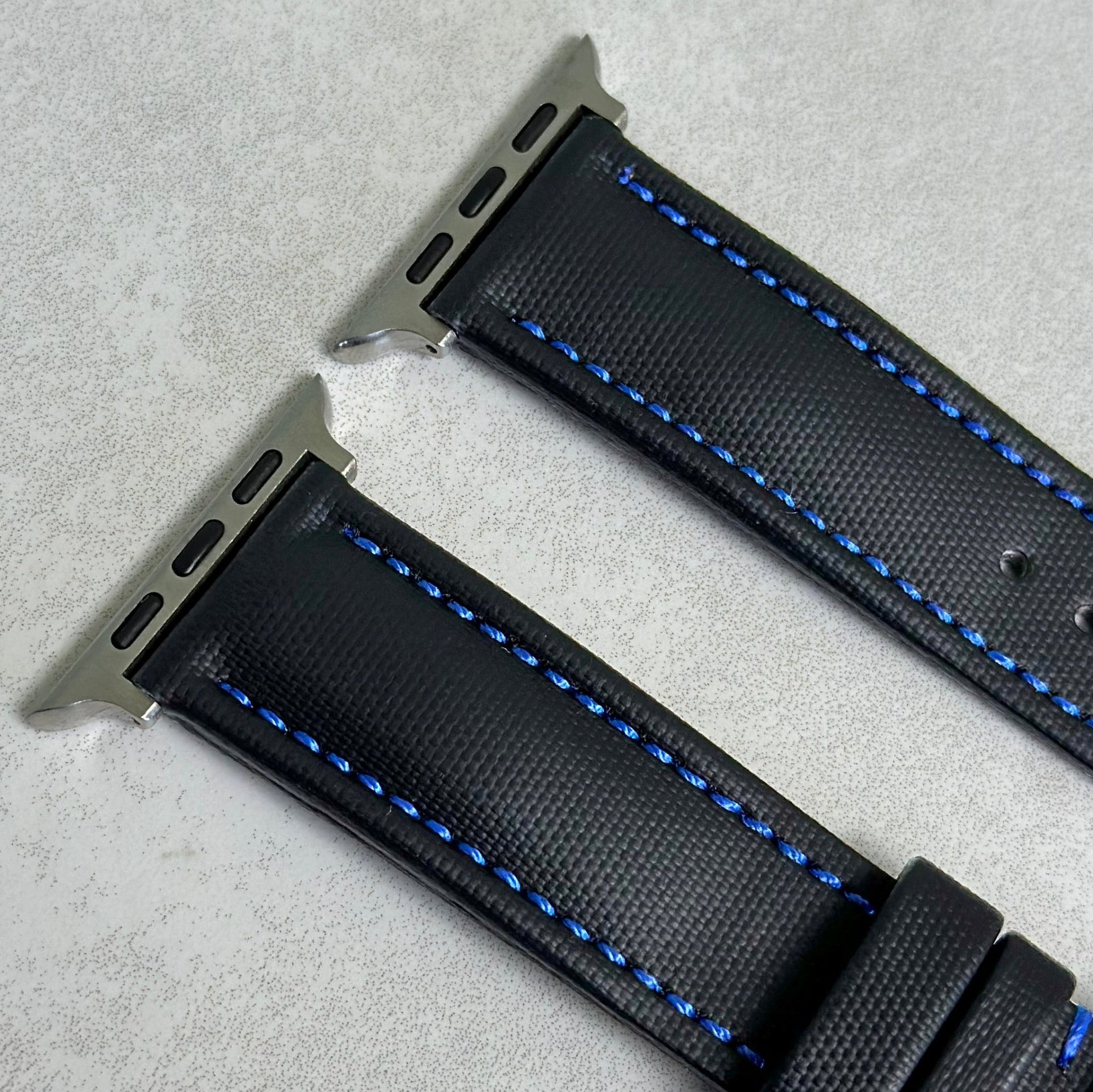 Top of the Bermuda jet black sail cloth Apple Watch strap with blue stitching. Padded sail cloth strap. Watch And Strap