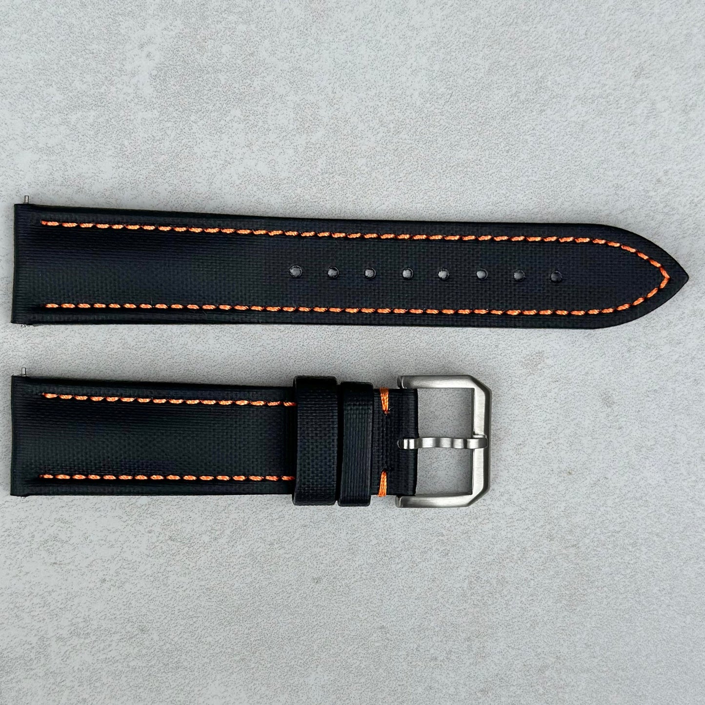 Bermuda jet black sail cloth watch strap with orange stitching. 20mm, 22mm. Watch And Strap
