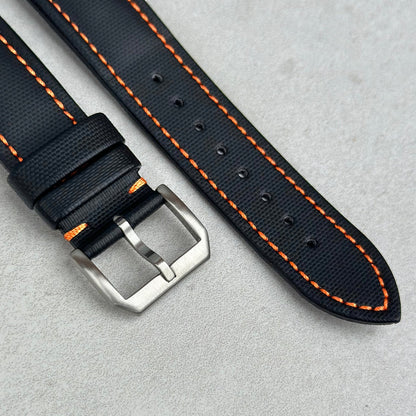 The Bermuda: Jet Black Sail Cloth Apple Watch Strap With Contrast Orange Stitching