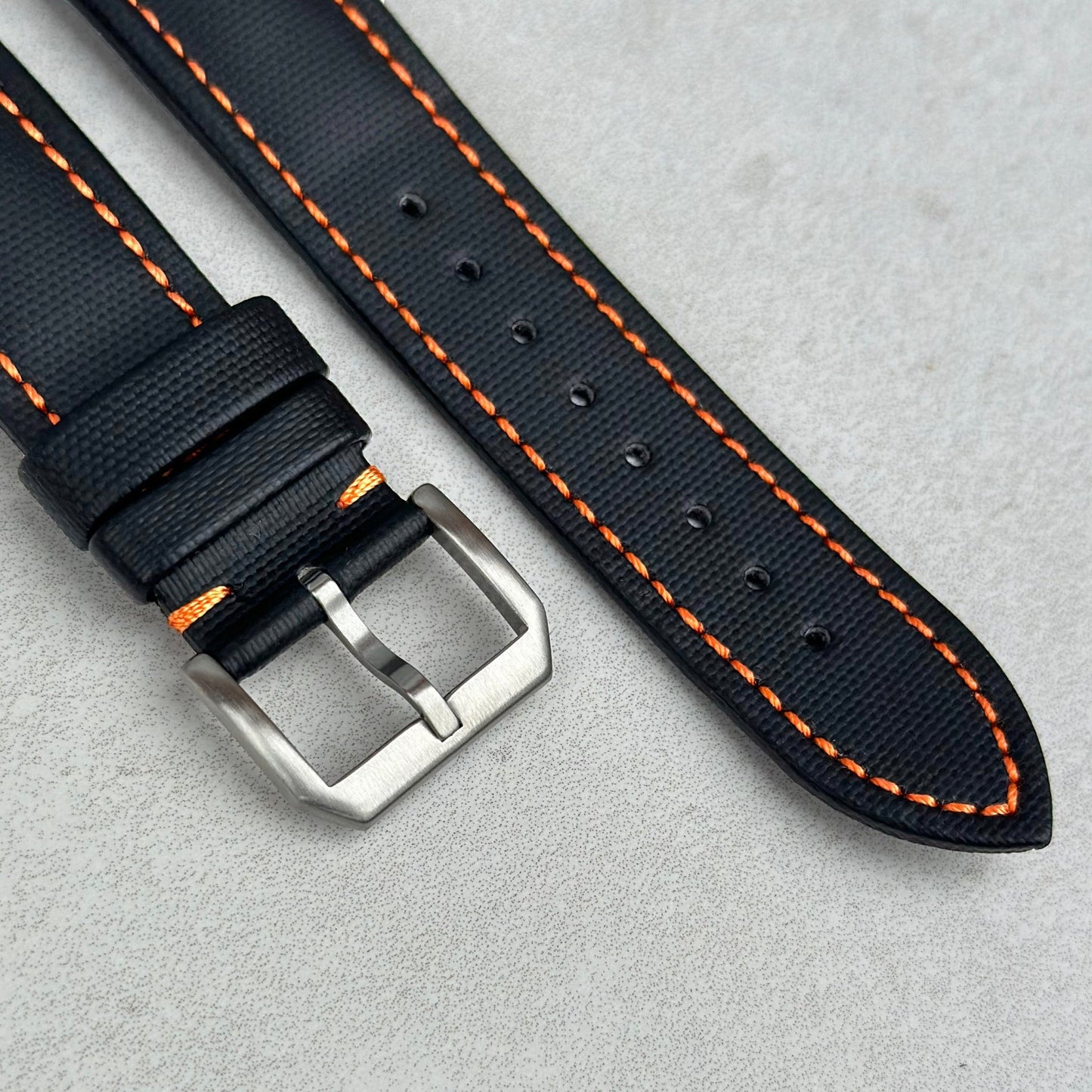 The Bermuda: Jet Black Sail Cloth Watch Strap With Contrast Orange Stitching