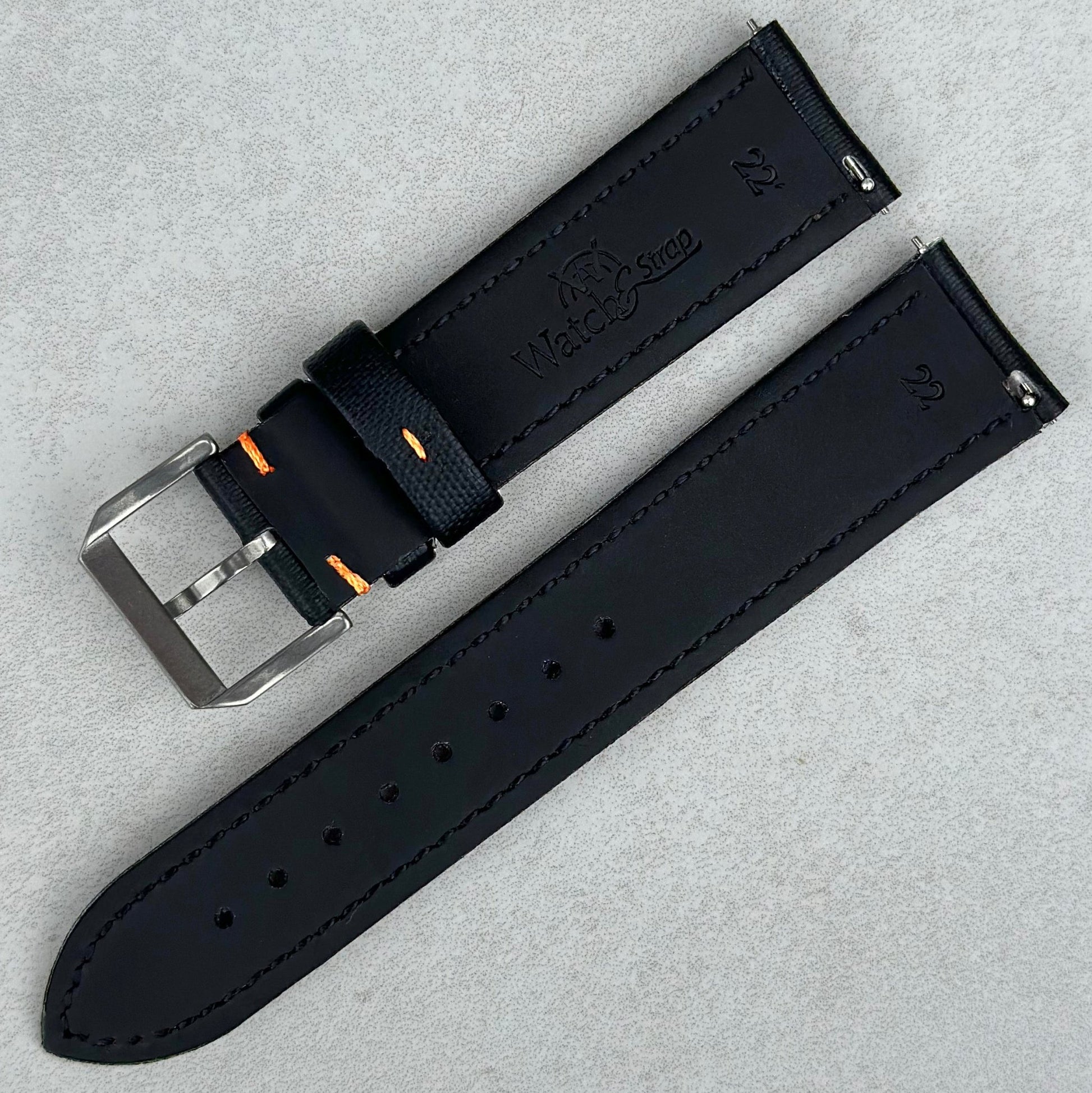 Rear of the Bermuda jet black sail cloth watch strap with contrast orange stitching. Quick release pins. Watch And Strap.