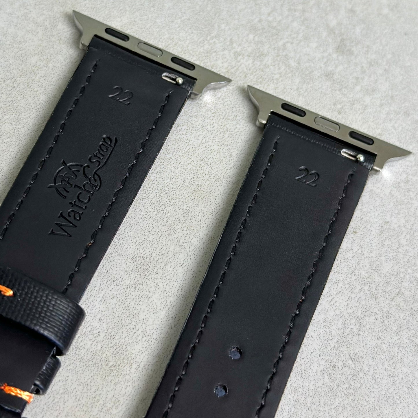 The Bermuda: Jet Black Sail Cloth Apple Watch Strap With Contrast Orange Stitching