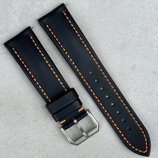 Bermuda jet black sail cloth watch strap with orange stitching. 20mm, 22mm. Watch And Strap