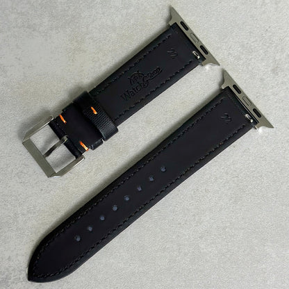 The Bermuda: Jet Black Sail Cloth Apple Watch Strap With Contrast Orange Stitching