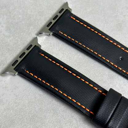 The Bermuda: Jet Black Sail Cloth Apple Watch Strap With Contrast Orange Stitching