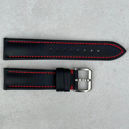 Bermuda jet black sail cloth watch strap with contrast red stitching. 20mm, 22mm. Watch And Strap.