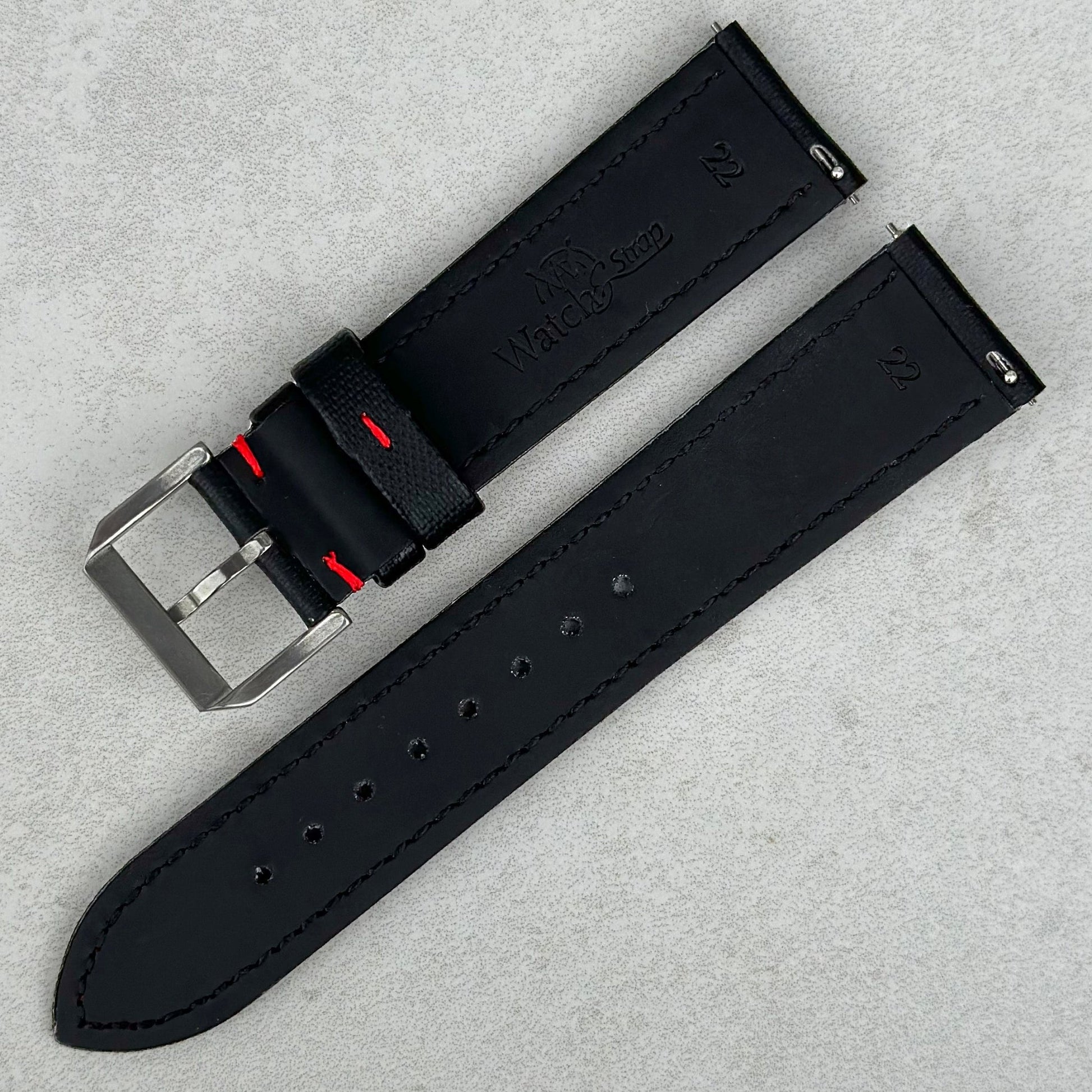 Rear of the Bermuda jet black sail cloth watch strap with red stitching. Quick release pins. Watch And Strap