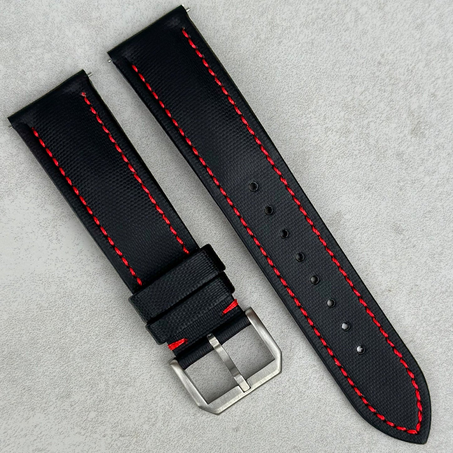 The Bermuda: Jet Black Sail Cloth Watch Strap With Contrast Red Stitching