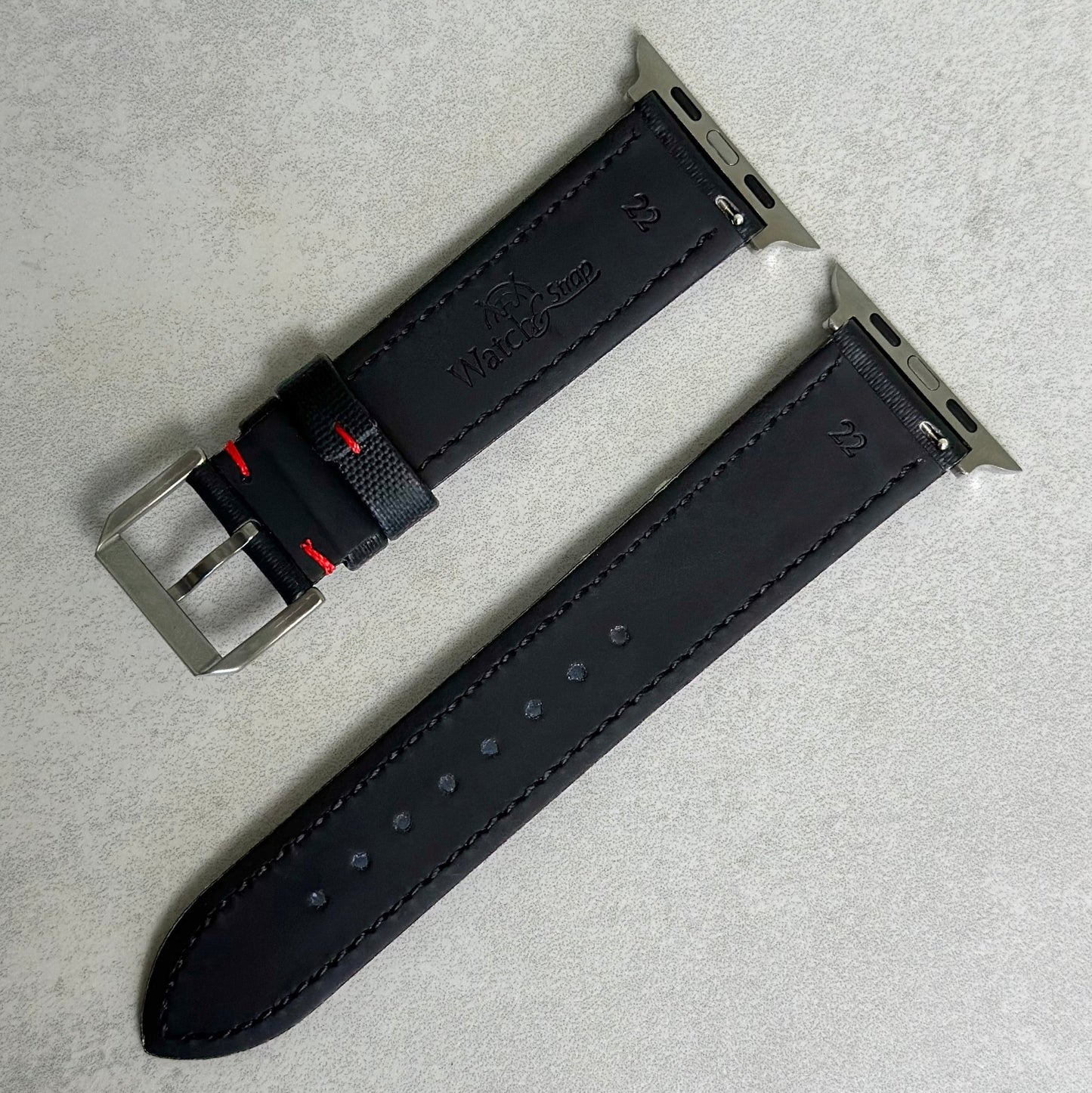 The Bermuda: Jet Black Sail Cloth Apple Watch Strap With Contrast Red Stitching