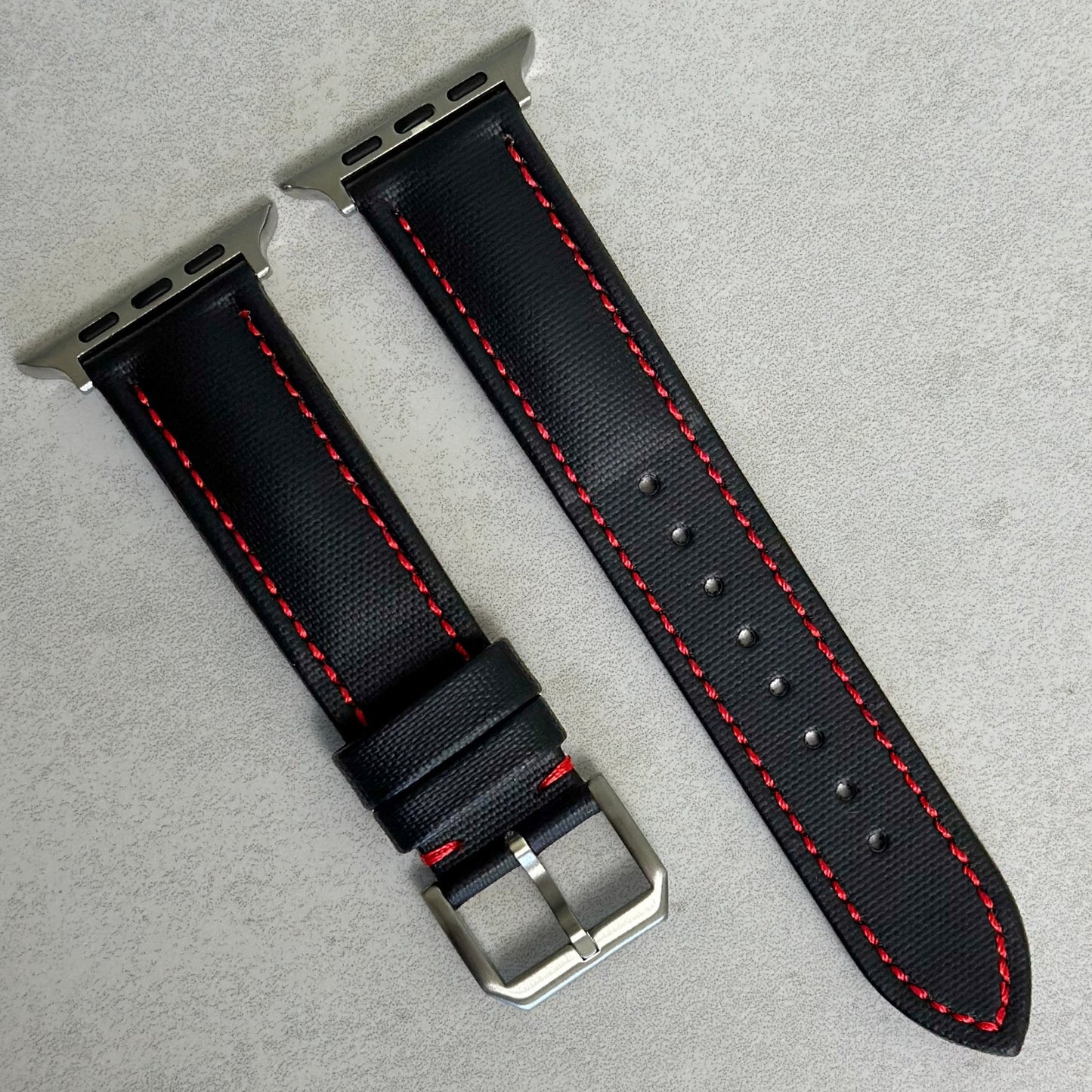 The Bermuda: Jet Black Sail Cloth Apple Watch Strap With Contrast Red Stitching