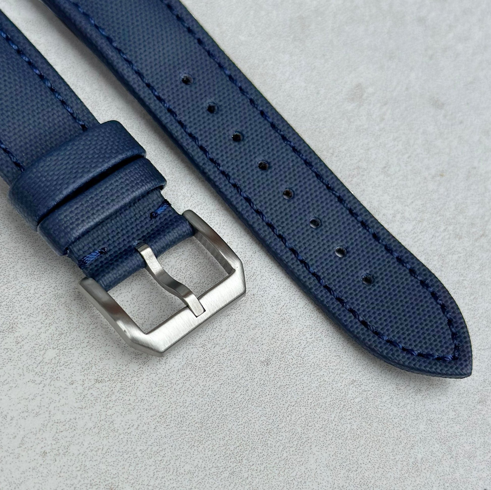 Brushed 316L stainless steel buckle on the Bermuda navy blue sail cloth watch strap. Watch And Strap