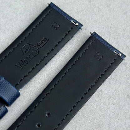 Quick release pins on the Bermuda navy blue sail cloth watch strap with contrast green stitching. Watch And Strap.