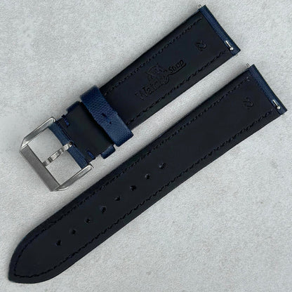 Rear of the Bermuda navy blue sail cloth watch strap. Quick release pins. Watch And Strap