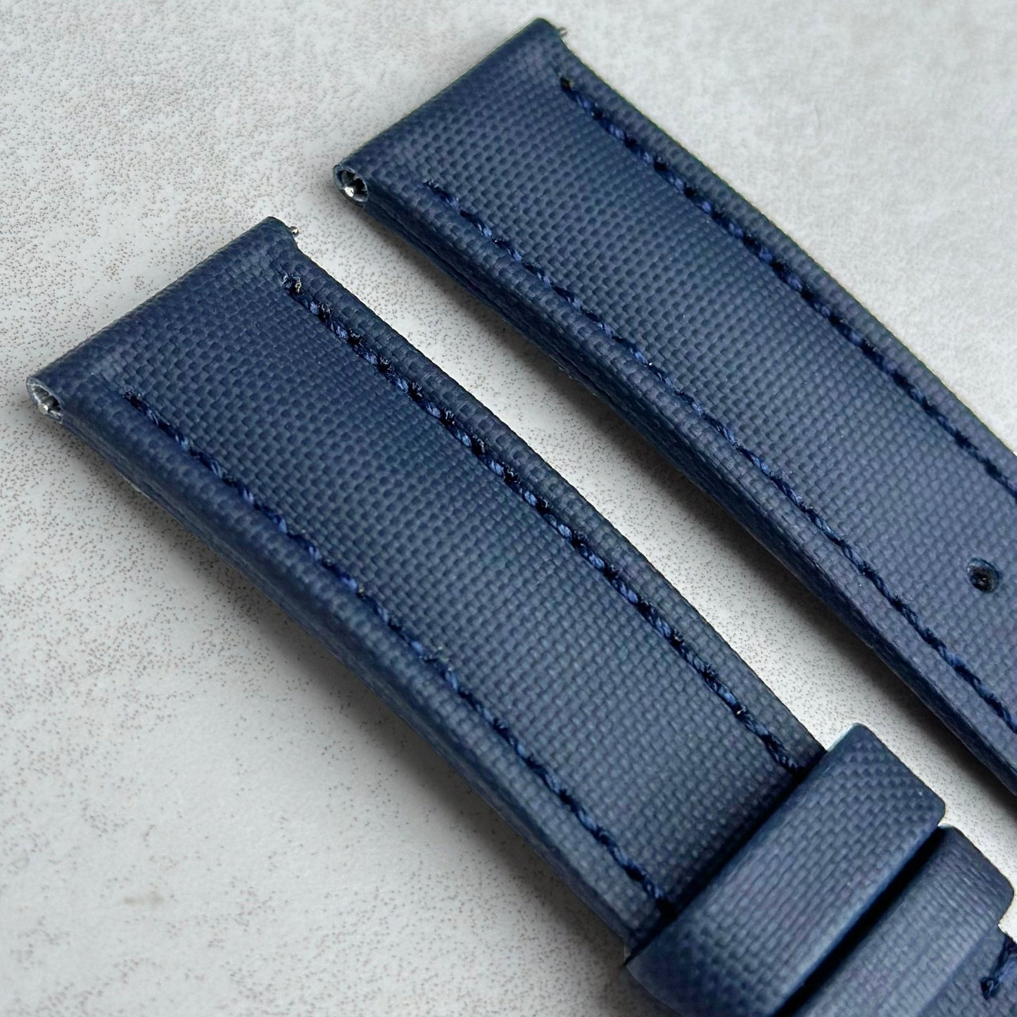 Top of the Bermuda navy blue sail cloth watch strap. Padded sail cloth strap. 20mm, 22mm. Watch And Strap.