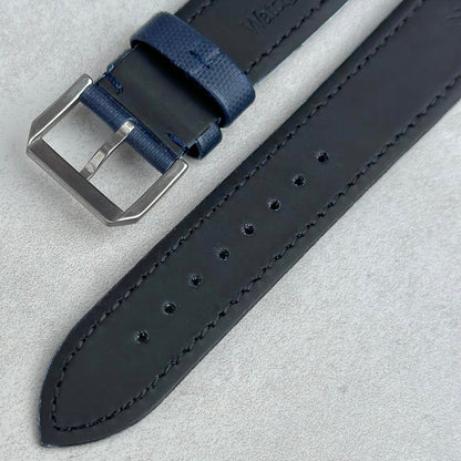 Rear of the brushed 316L stainless steel buckle on the Bermuda navy blue sail cloth watch strap. Watch And Strap.