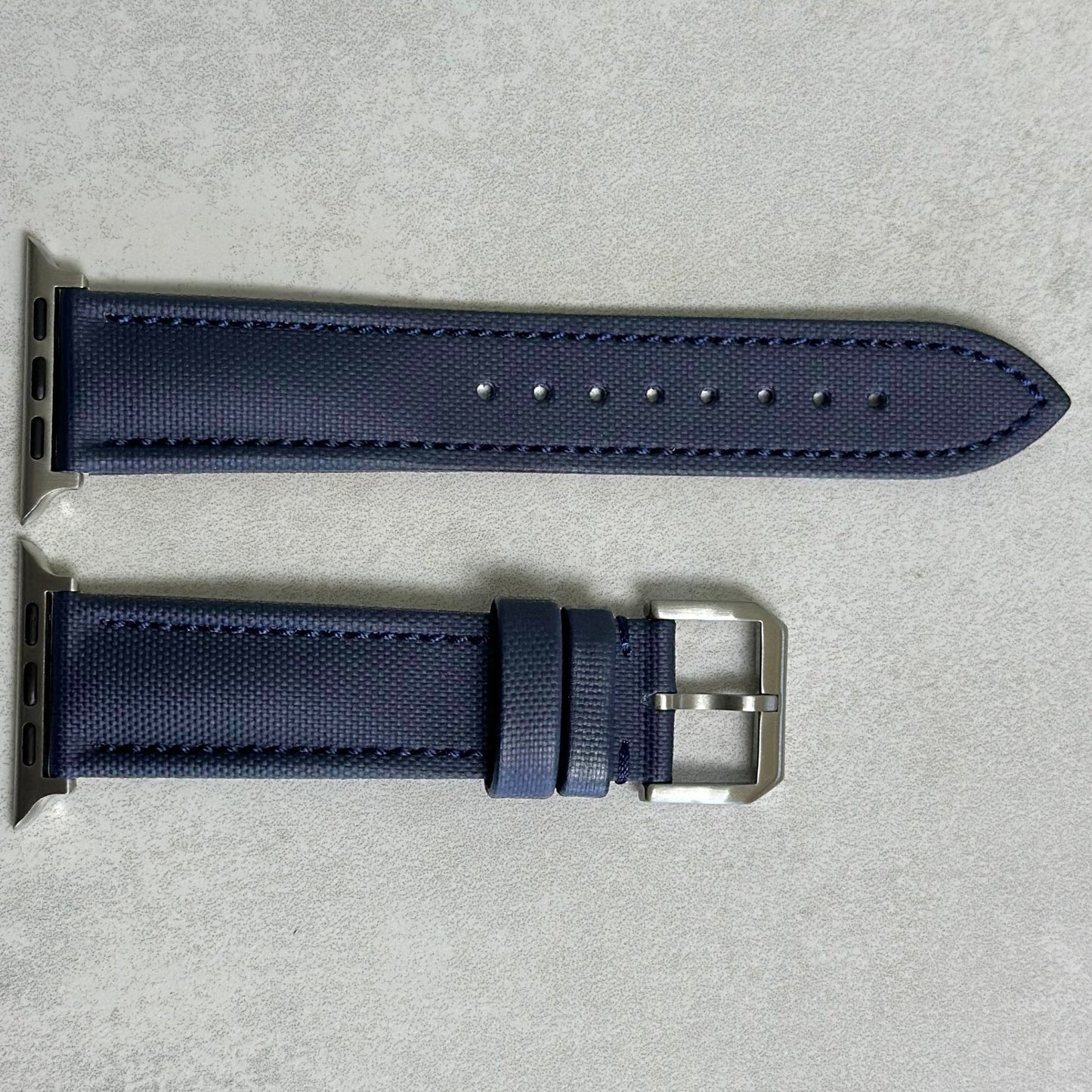 Bermuda navy blue sail cloth Apple Watch strap. Apple Watch Series 3, 4, 5, 6, 7, 8, 9, SE and Ultra. Watch And Strap