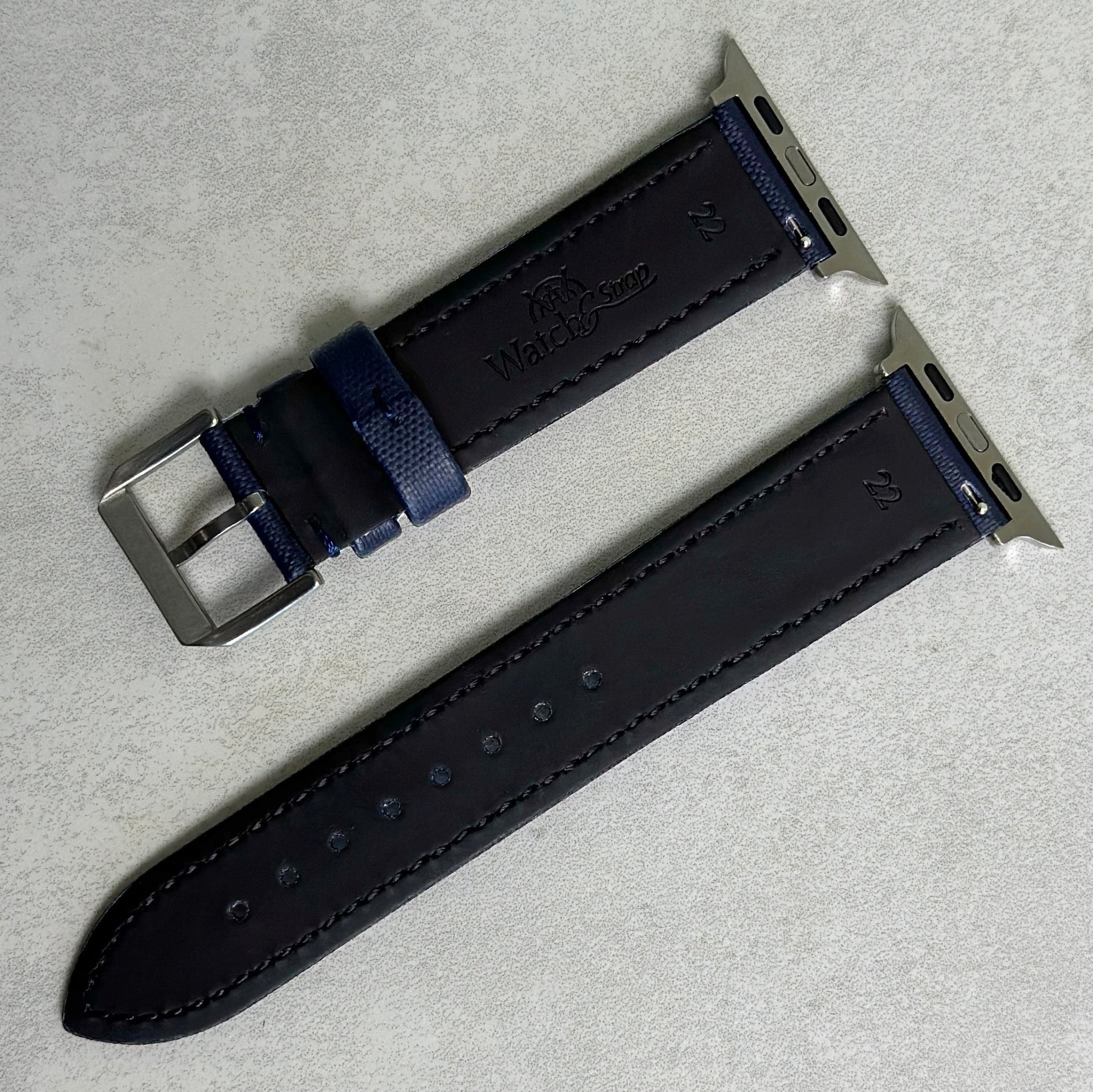 Rear of the Bermuda navy blue sail cloth watch strap. Black leather underside. Watch And Strap