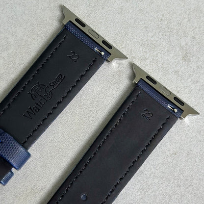 Rear of the Bermuda navy blue sail cloth watch strap. Black leather underside. Watch And Strap