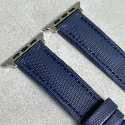 Top of the Bermuda navy blue sail cloth Apple Watch strap. Padded sail cloth watch strap. Watch And Strap