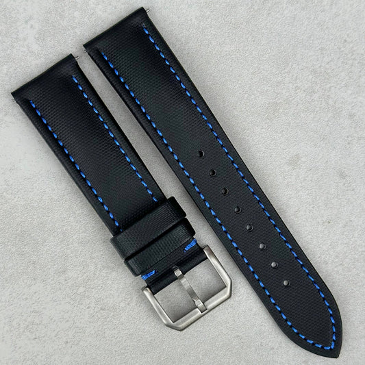 Bermuda jet black sail cloth watch strap with contrast blue stitching. 20mm, 22mm. Watch And Strap.