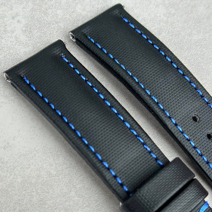 Top of the Bermuda jet black sail cloth watch strap with blue stitching. Padded sail cloth watch strap. Watch And Strap.