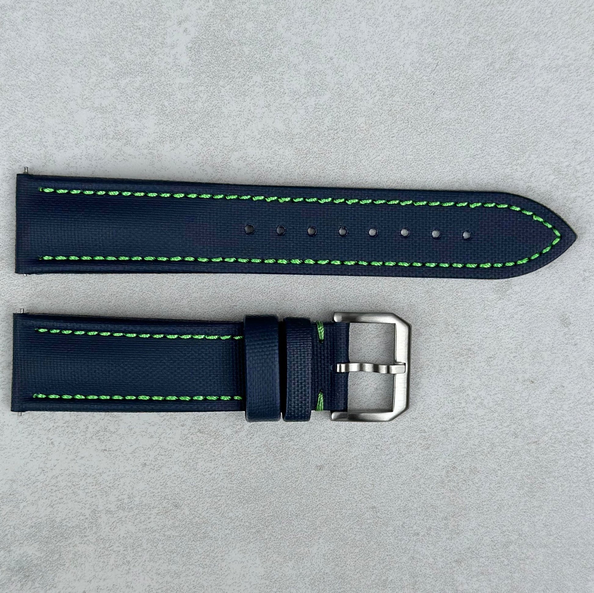 Bermuda navy blue sail cloth watch strap with contrast green stitching. 20mm, 22mm. Watch And Strap