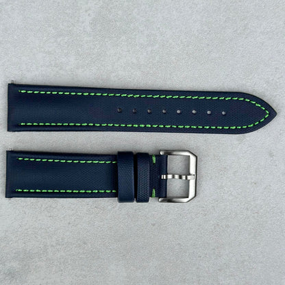 Bermuda navy blue sail cloth watch strap with contrast green stitching. 20mm, 22mm. Watch And Strap